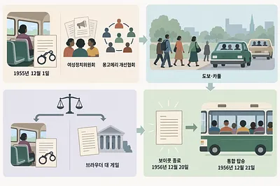 Four-panel timeline linking an arrest, community organizing, walking and carpools, a court case, and an integrated bus.