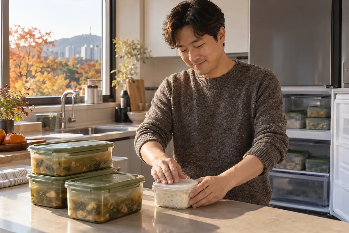 주방에서 남성이 작은 밥 용기의 뚜껑을 닫고 있고, 옆에는 큰 국 용기와 열린 냉동실이 있다.
