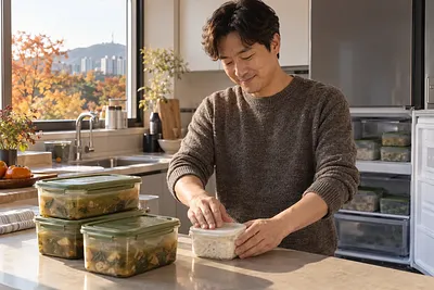 주방에서 남성이 작은 밥 용기의 뚜껑을 닫고 있고, 옆에는 큰 국 용기와 열린 냉동실이 있다.