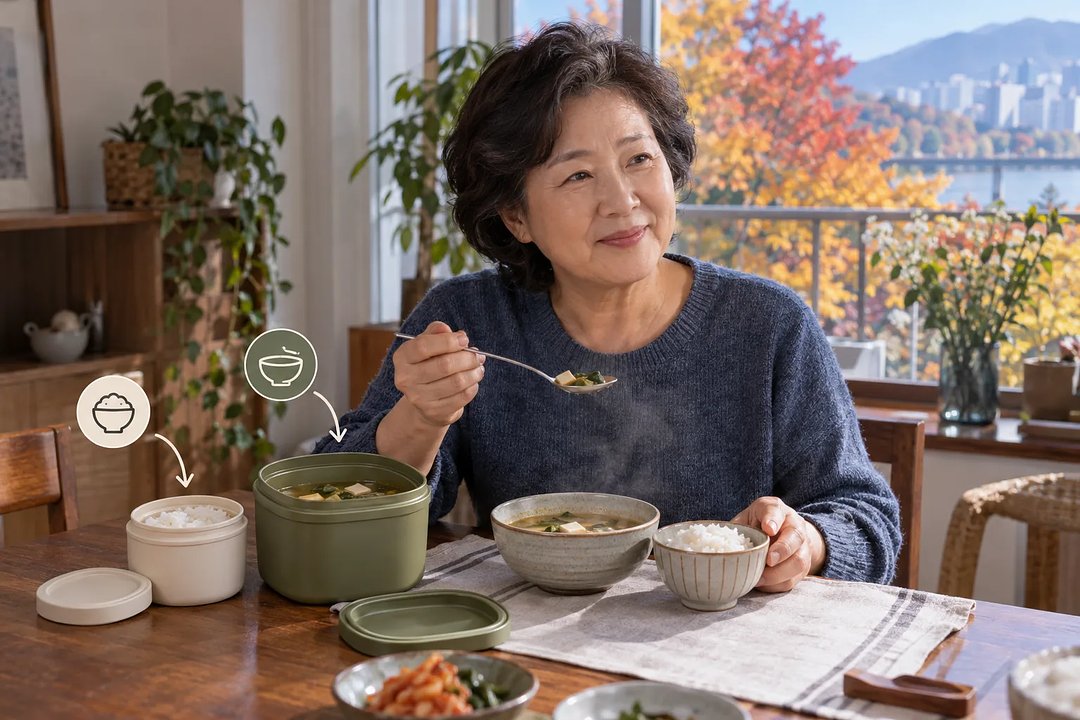 밥과 국 앞에 앉은 여성이 숟가락을 들고 있고, 옆에는 열린 아이보리색·올리브그린색 용기가 놓여 있다.