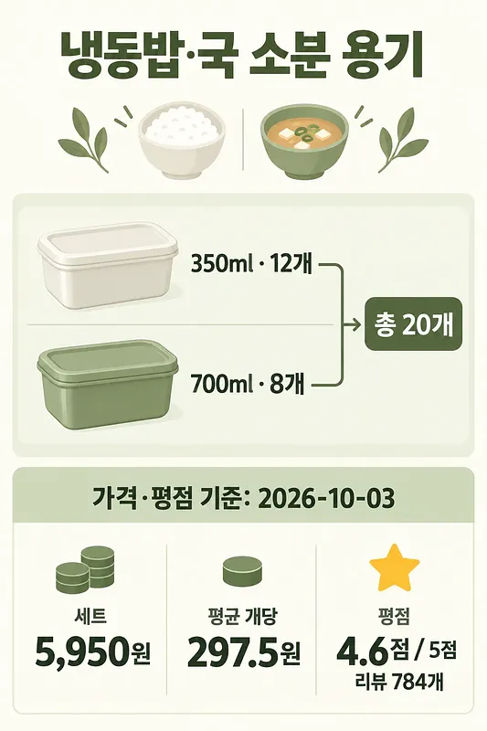 Infographic with rice and soup, two sealed containers, quantities, price, and rating