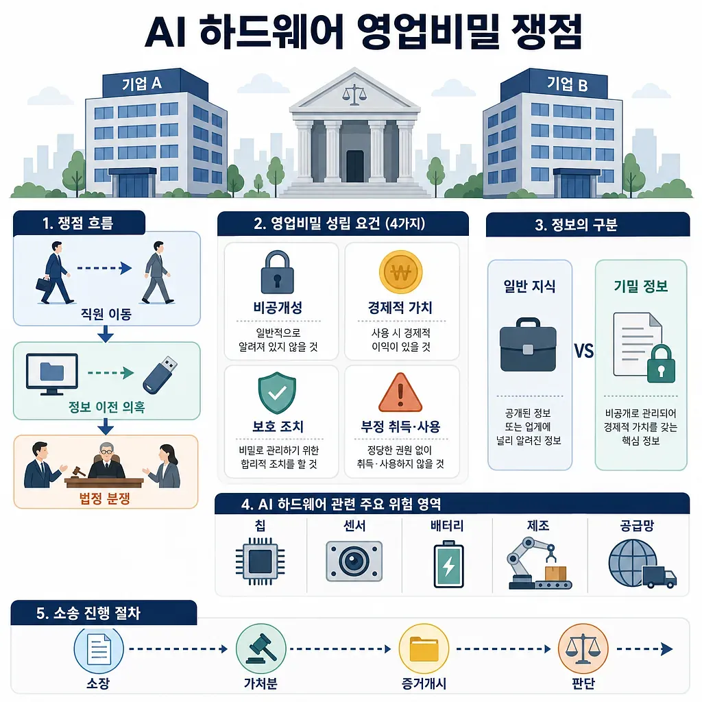 2社と裁判所でAIハードウェアの営業秘密争点を示すインフォグラフィック