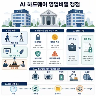 AI 하드웨어 영업비밀 쟁점을 설명하는 기업·법원 인포그래픽