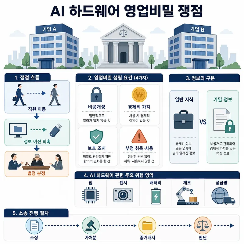 2社と裁判所でAIハードウェアの営業秘密争点を示すインフォグラフィック