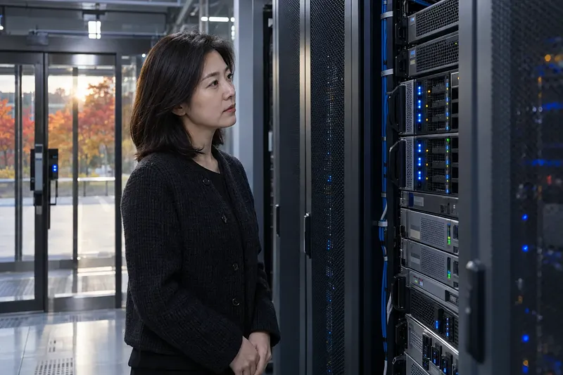Woman in a dark jacket studying server status lights in a data center, with a glass entry behind her