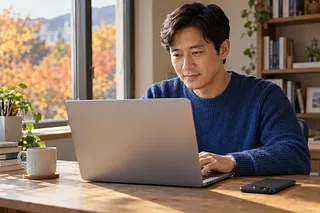 自宅の机で青いセーターの男性がノートパソコンを使い、そばにスマートフォンが置かれている。