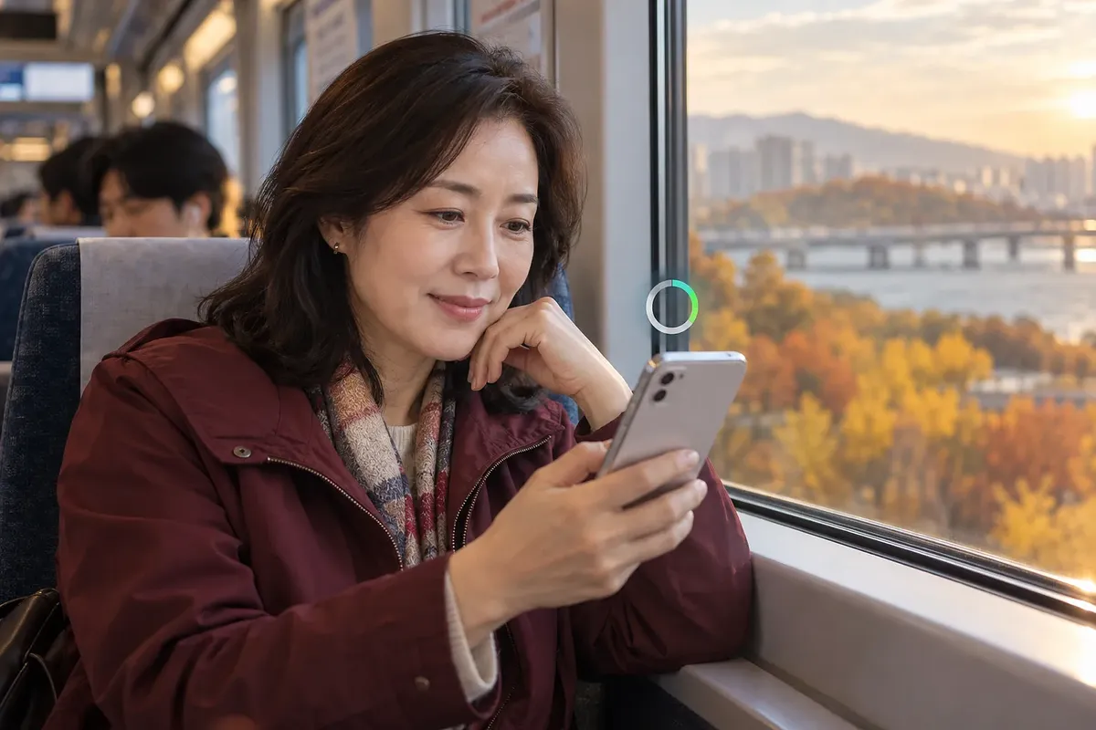秋の景色が見える列車内で、えんじ色の上着を着た女性がスマートフォンを見ている。