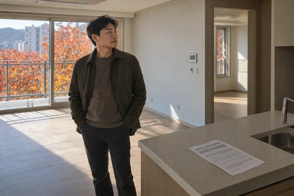 A man looks around a vacant apartment, with a loan notice on the kitchen counter.