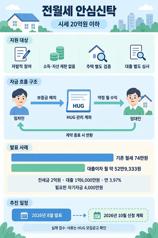 20억원 이하 주택의 참여 조건, HUG 보증금 관리 흐름, 비용 예시와 신청 계획을 정리한 인포그래픽