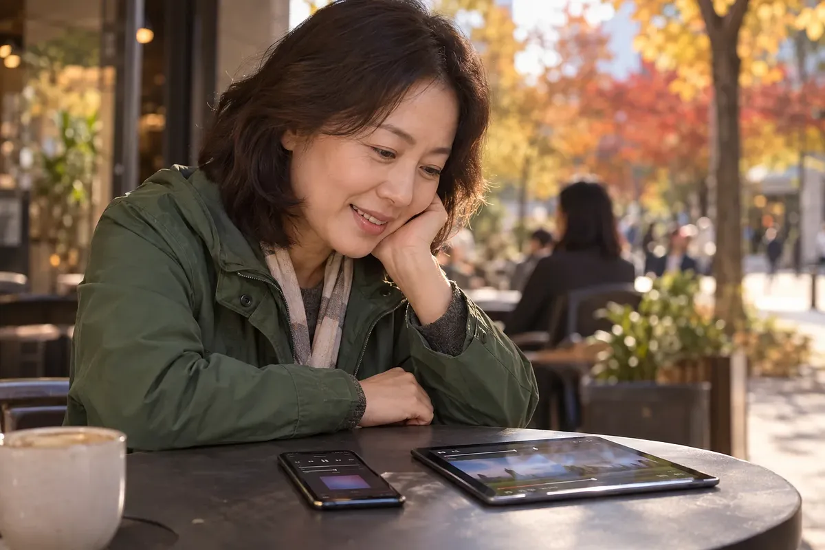 가을 야외 카페에서 여성이 휴대전화의 음악 재생 화면과 태블릿의 영상 재생 화면을 살펴본다.