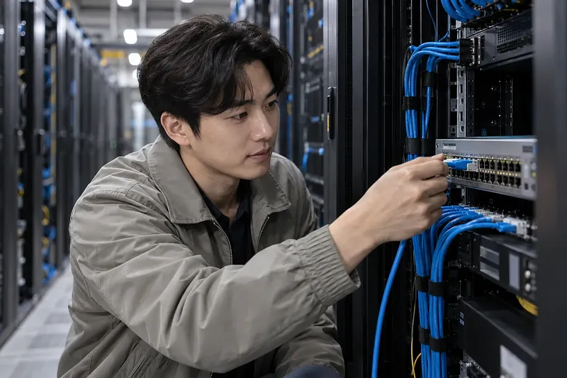 Un técnico conecta un cable azul a un conmutador de red entre bastidores de servidores.