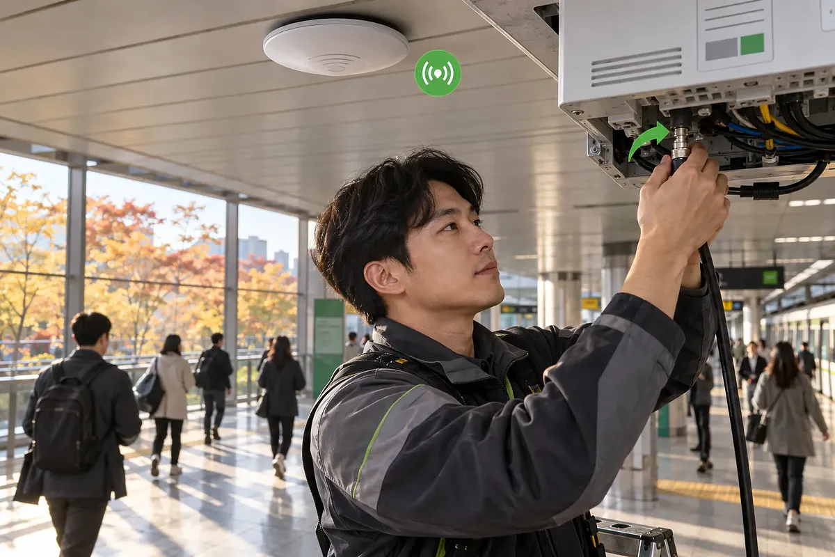 A technician connects a cable to an overhead network unit in a subway station as commuters pass behind him.