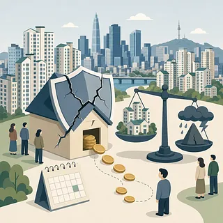 Horizonte de Seúl con casa agrietada, monedas, calendario y balanza de riesgos de vivienda