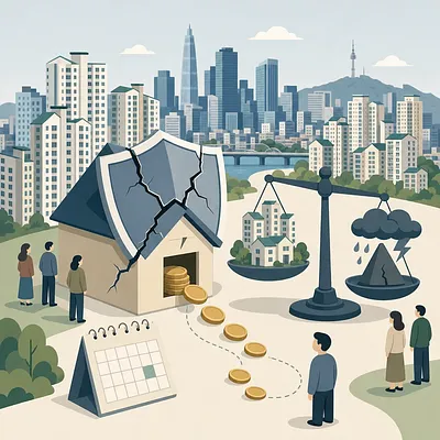 Horizonte de Seúl con casa agrietada, monedas, calendario y balanza de riesgos de vivienda