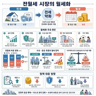 전세 약화와 월세 확대의 원인, 통계, 정책 대응을 정리한 전월세 시장 월세화 인포그래픽