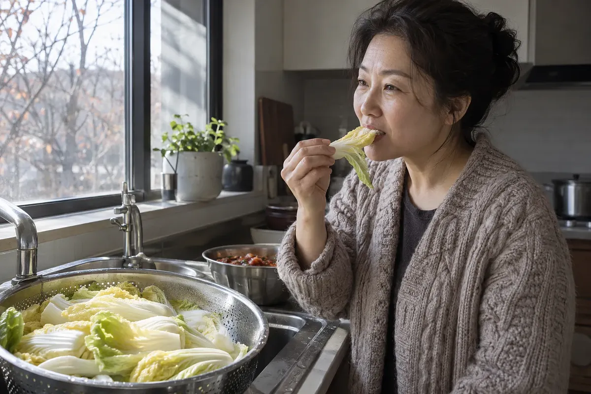 싱크대의 채반에 알배추가 담겨 있고, 여성이 배춧잎을 맛보는 옆에 양념 그릇이 놓여 있다.