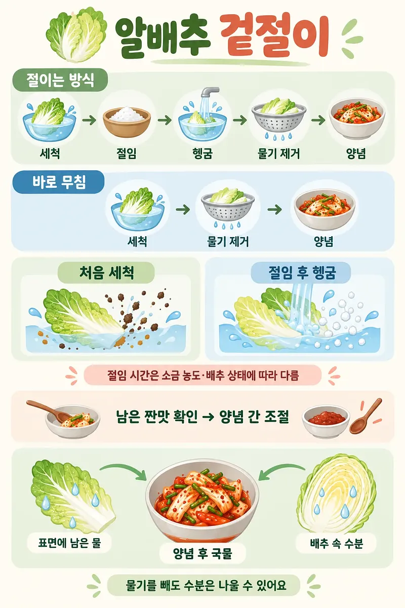 Infografía que compara los pasos para aliñar col china con y sin salado previo, incluido el lavado y escurrido