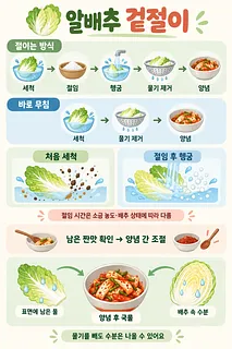 알배추 겉절이의 절이는 방식과 바로 무치는 방식의 순서, 절임 전 세척과 절임 후 헹굼을 비교한 인포그래픽