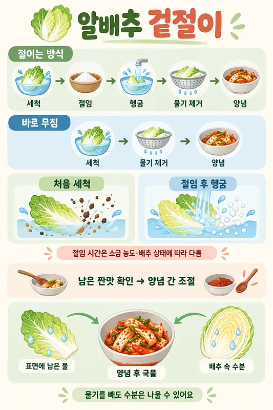 Infographic comparing salted and unsalted cabbage geotjeori steps, including washing, rinsing and draining