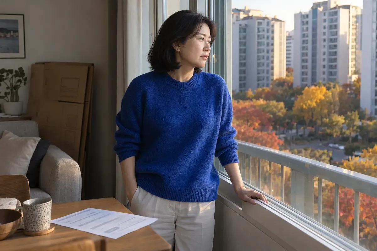 青いセーターの女性が窓の外の集合住宅を眺め、そばに畳んだ引っ越し箱と書類がある。