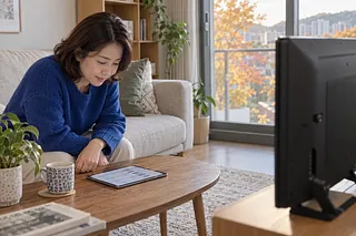 A woman in a blue sweater leans over a tablet showing a list on a living room table.