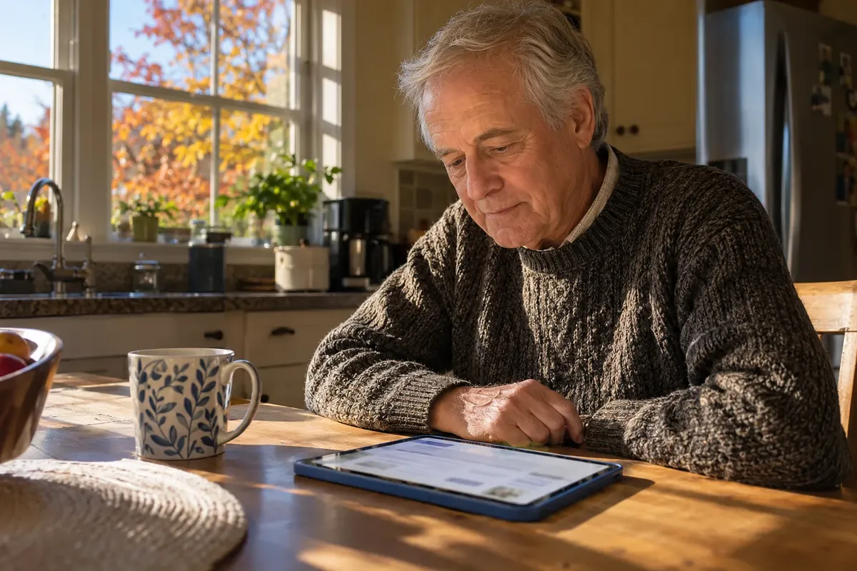 An older man in a knit sweater reads a tablet on his kitchen table.