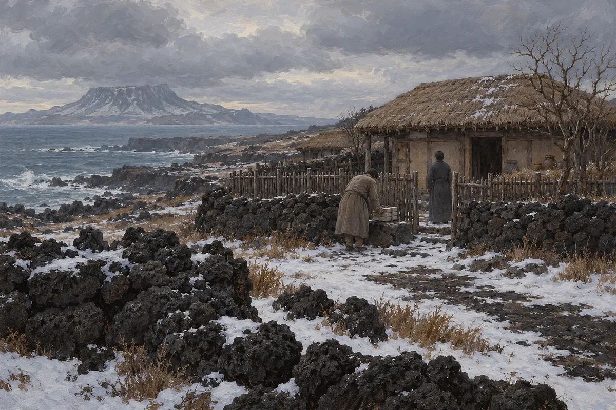 A person sets down a bundle of books outside a thatched house on a snowy Jeju coast as another stands nearby.