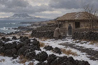 A person sets down a bundle of books outside a thatched house on a snowy Jeju coast as another stands nearby.