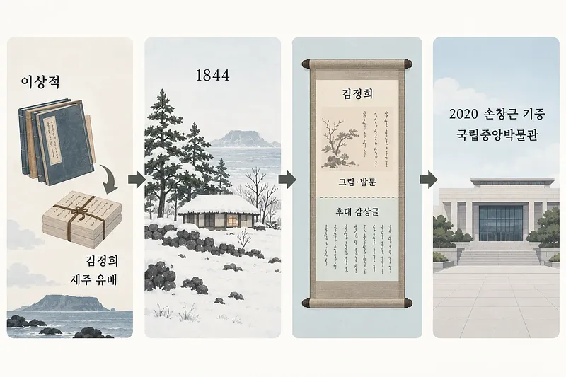 Four linked panels show books, a snowy house among pines, a scroll with writing, and a museum.