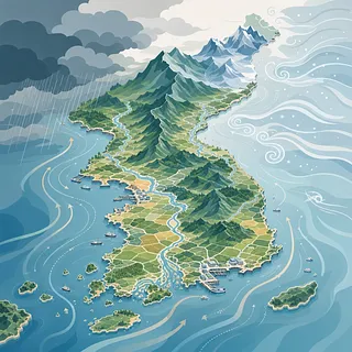 Stylized map of the Korean Peninsula with mountains, rivers, winds, rain, and surrounding seas