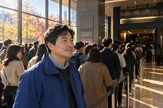 A man in a blue jacket stands in a sunlit cinema foyer as a long line heads toward the auditorium.
