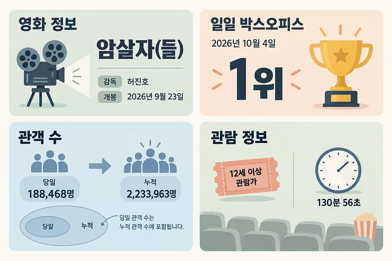 ‘암살자(들)’의 영화 정보, 일별 순위, 관객 수, 관람 등급과 상영시간을 담은 4칸 인포그래픽