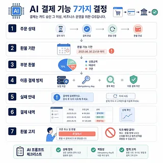 AI 결제 기능의 7가지 결정 사항을 단계별로 정리한 한국어 인포그래픽