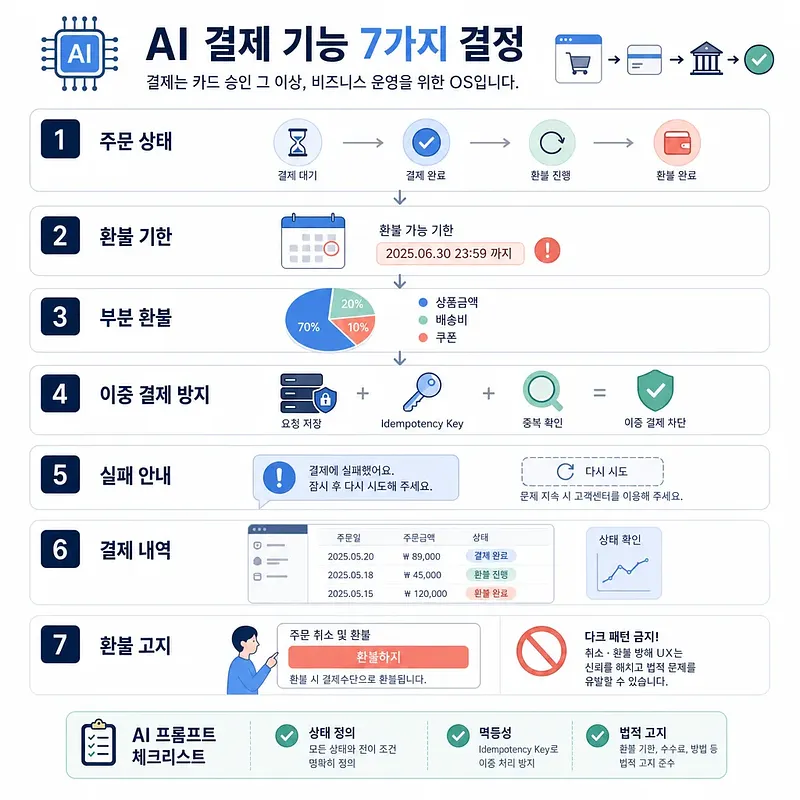 Korean infographic outlining seven decisions for building an AI payment feature