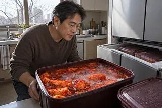 男性が開いたキムチ冷蔵庫の引き出しのそばで、薄く凍った大根キムチを確認している。ふたには水滴が付いている。
