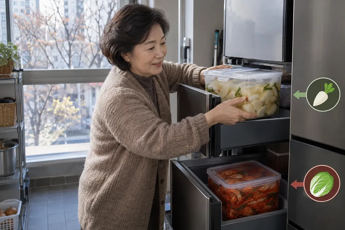 Una mujer coloca un recipiente de kimchi de rábano en agua en el cajón superior; abajo hay kimchi de col.
