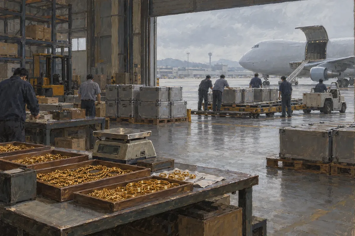 Joyas de oro y una báscula en un almacén de carga; trabajadores colocan cajas en un palé junto a un avión.