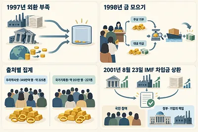 Four-panel infographic on the 1997 currency shortage, gold collection methods and estimates, and IMF loan repayment