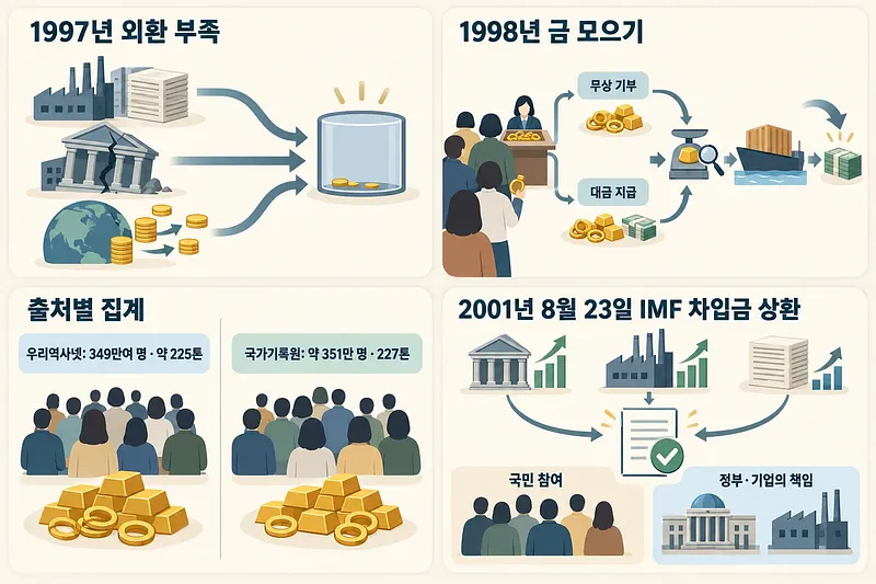 1997年の外貨不足、金集めの参加方法と資料別の集計、IMF借入金の返済をまとめた4分割の図