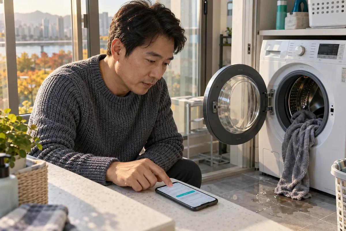開いた洗濯機のそばで男性がスマートフォンを操作し、床には濡れたタオルと水がある。