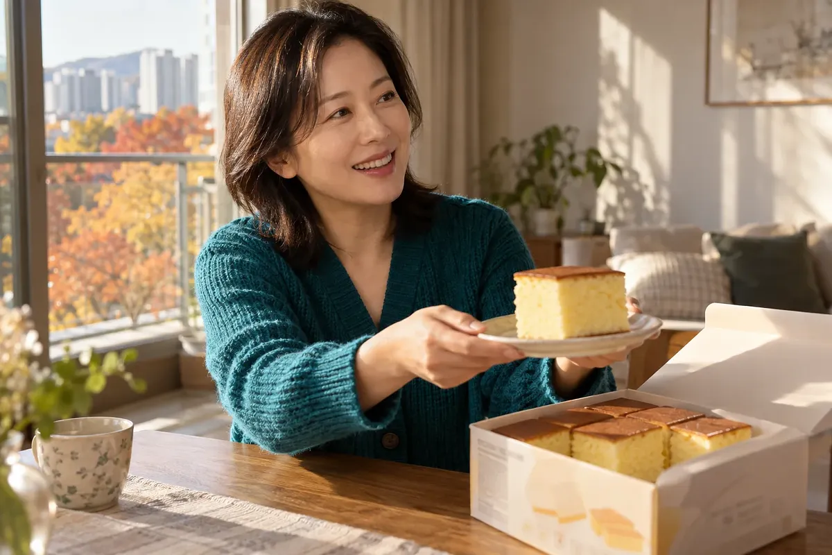 Una mujer sonriente con un cárdigan verde azulado ofrece una porción de castella junto a una caja abierta.
