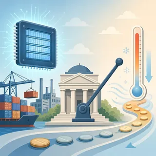 Chip semiconductor, puerto, banco central, palanca de tasas y termómetro frío en una ilustración económica