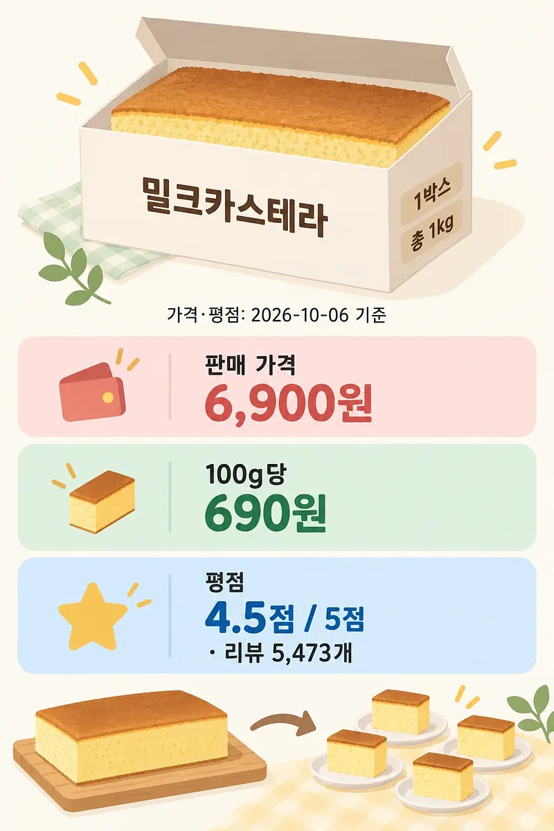 밀크카스테라 1kg 상자와 가격 6,900원, 100g당 690원, 리뷰 5,473개 기준 평점 4.5점