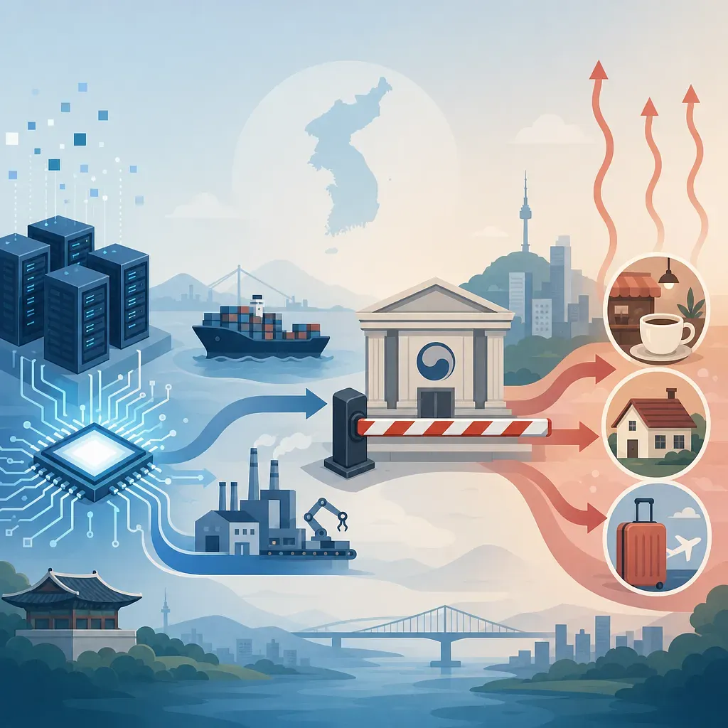 Ilustración de chips, exportaciones, el Banco de Corea y precios al alza