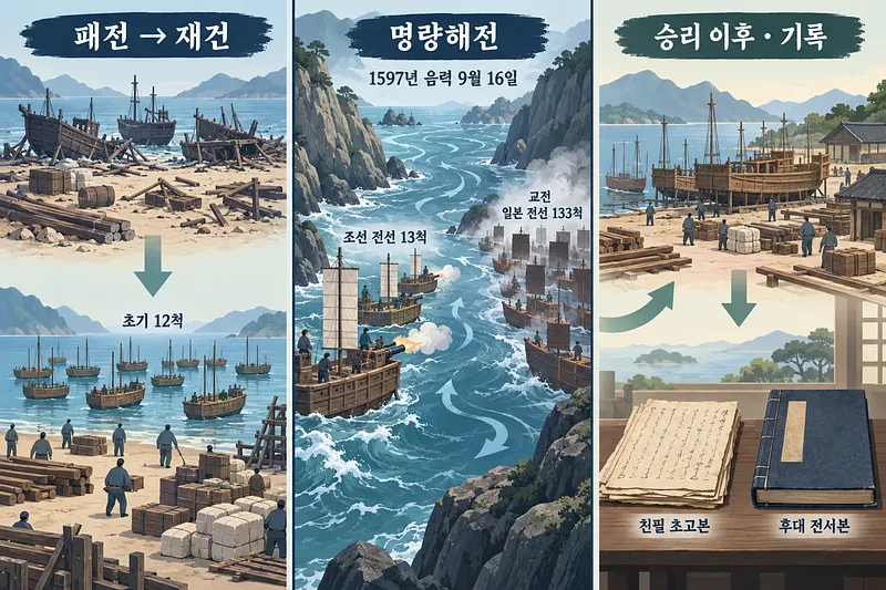 파손된 배에서 재건된 함대로, 명량의 해전과 전후 보급, 두 판본의 기록으로 이어지는 세 부분 삽화