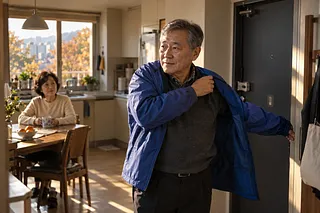 玄関脇で青い上着を着る高齢の男性。奥の食卓には女性が座っている。