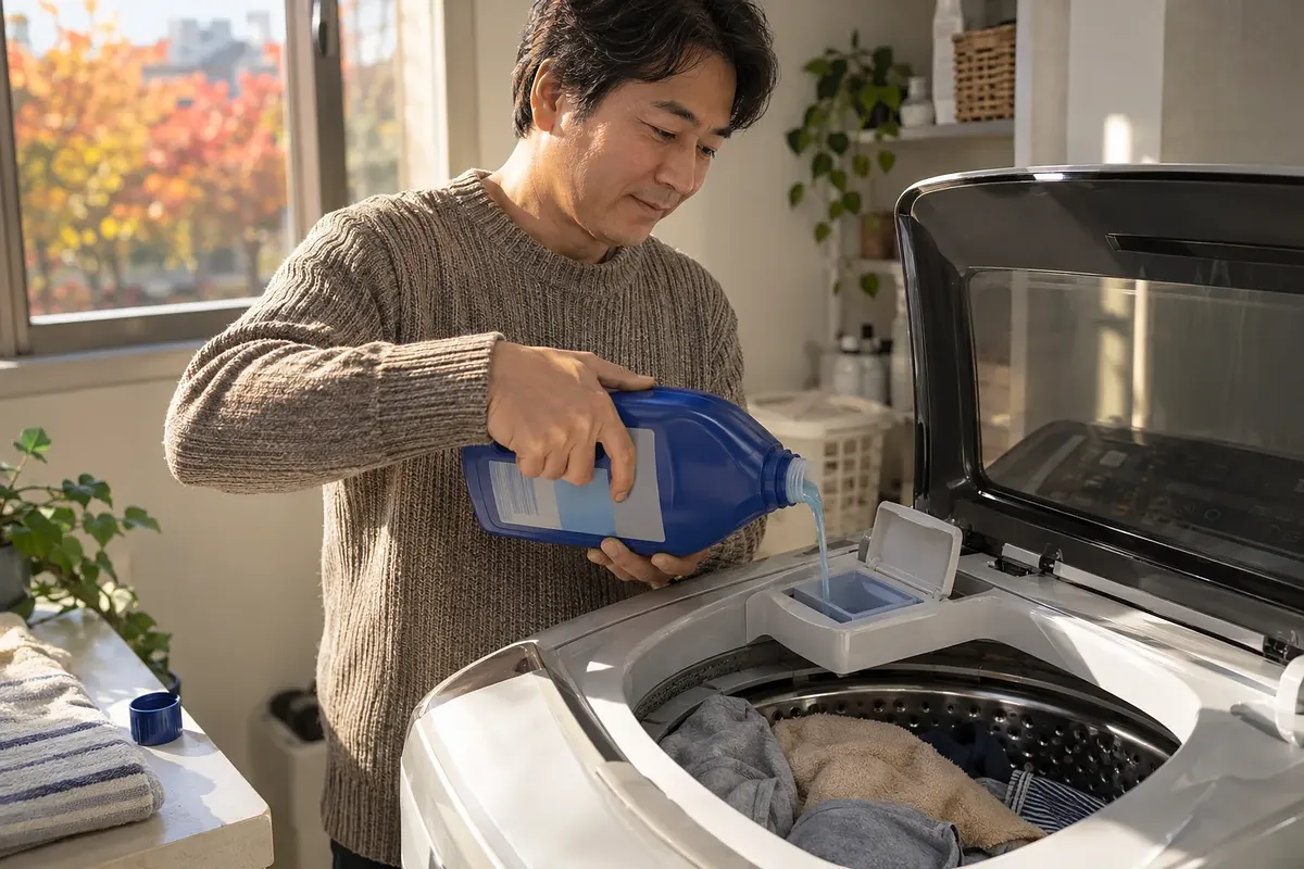 A man pours fabric softener from a blue bottle into the dispenser of an open top-loading washer.