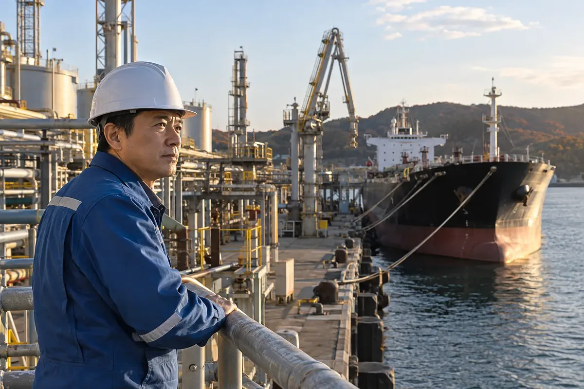 Un trabajador con casco observa un petrolero atracado en el muelle de una refinería.