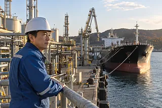 Un trabajador con casco observa un petrolero atracado en el muelle de una refinería.