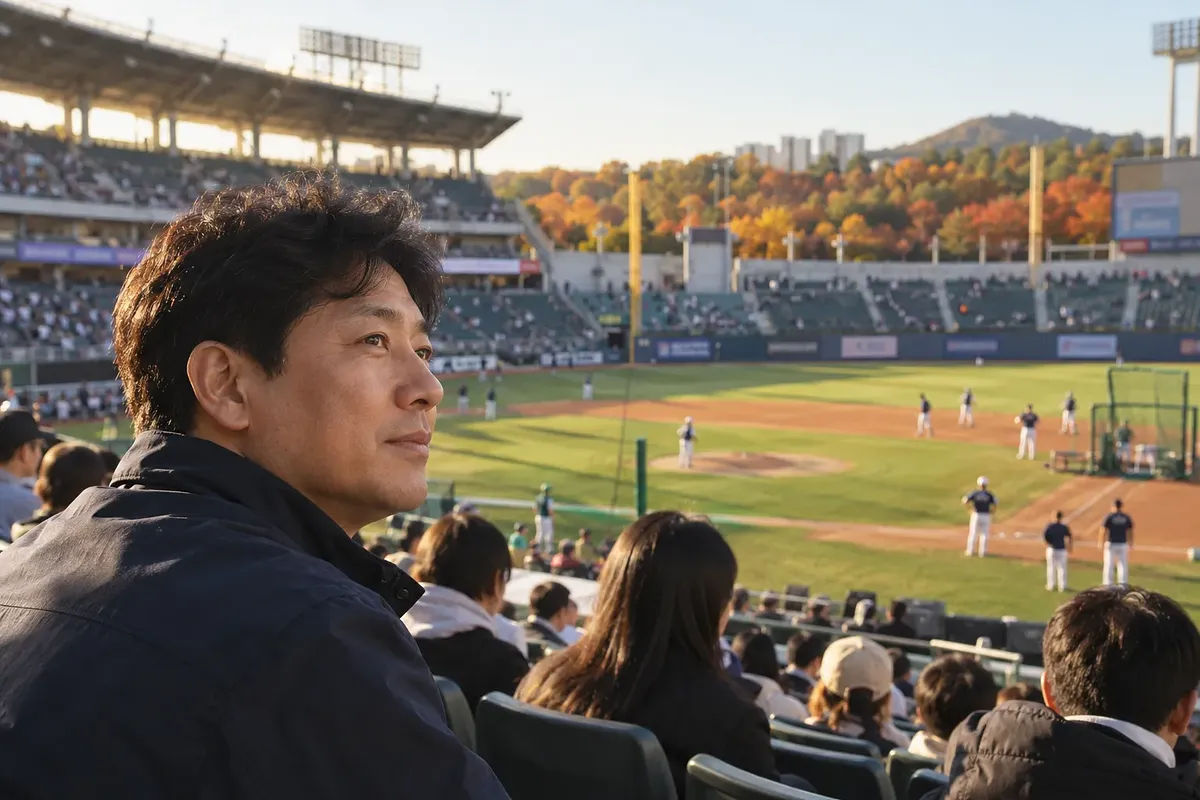 秋の球場で、紺色の上着を着た観客がグラウンドで準備する選手たちを見つめる。